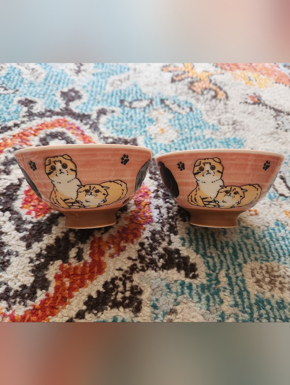 Set of 2 Porcelain Neko Cat Rice Bowls Made in Japan